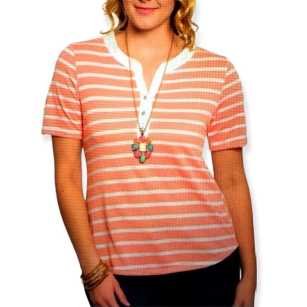 V Neck Button Down Short Sleeve Colorful Stripes Top - NEW